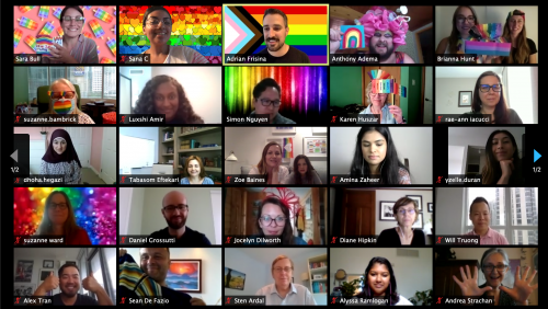 Staff at Touchstone in a Zoom meeting with rainbow themed backgrounds and colourful attire.