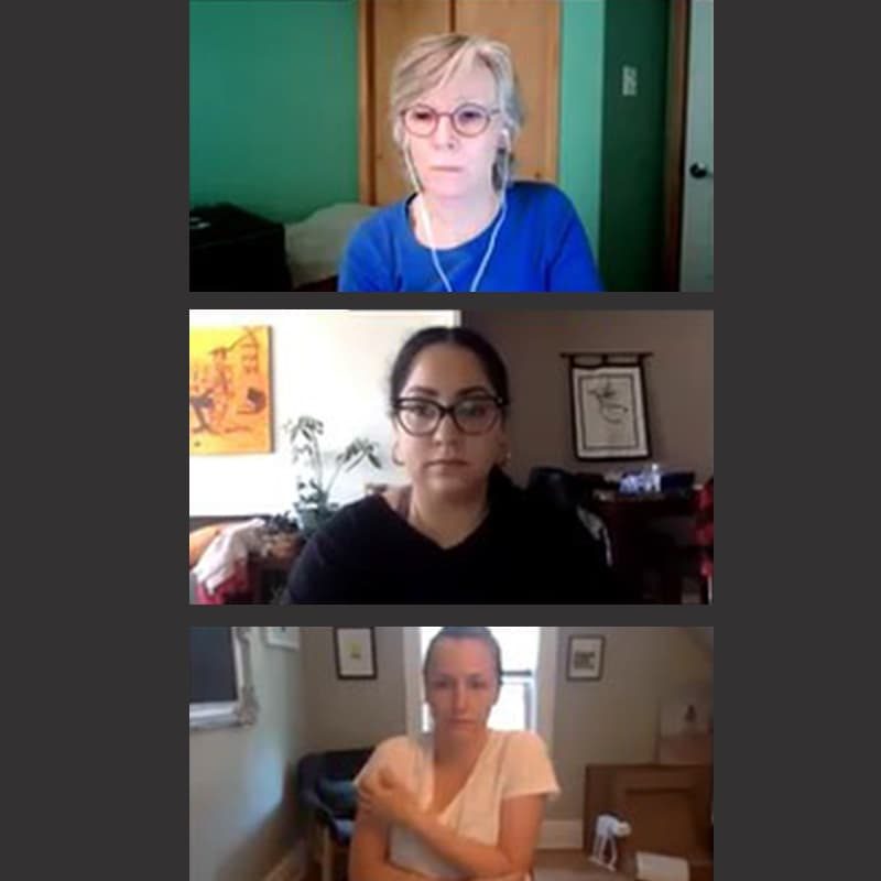 A group of three women in their living rooms on a video zoom call