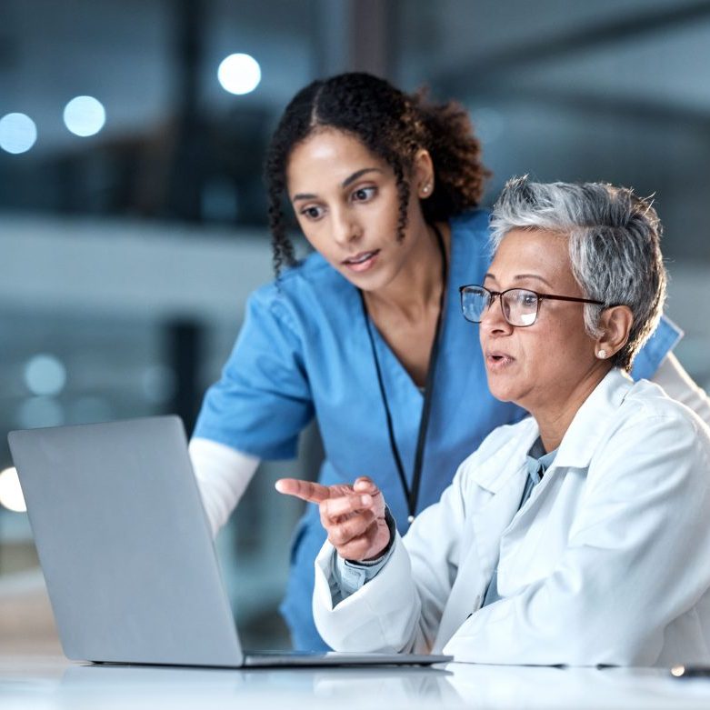 Doctors, nurse or laptop in night healthcare, planning research or surgery teamwork in wellness hospital. Talking, thinking or medical women on technology for collaboration help or life insurance app