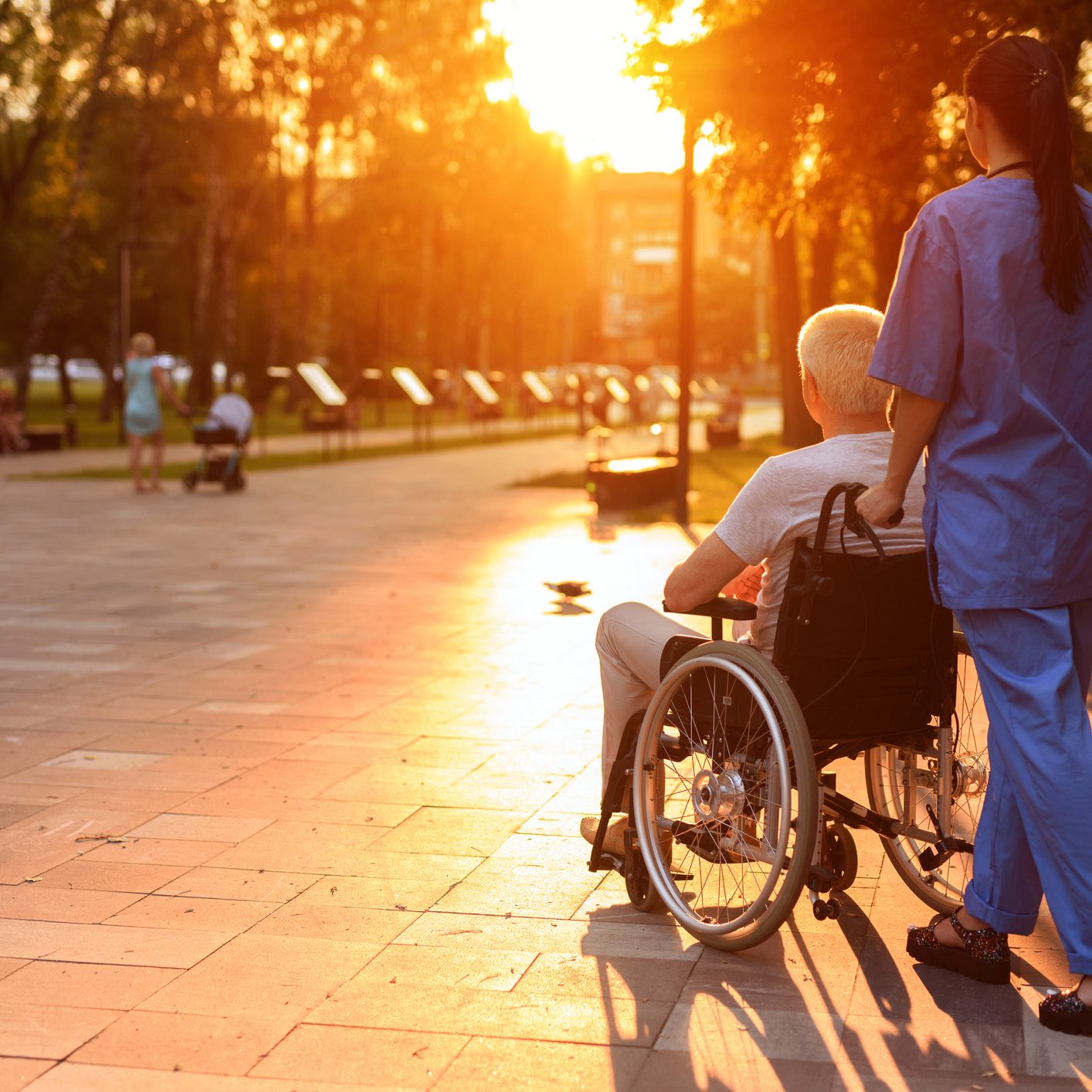 What a beautiful sunset. An old man in a wheelchair and a nurse are walking in the park at sunset